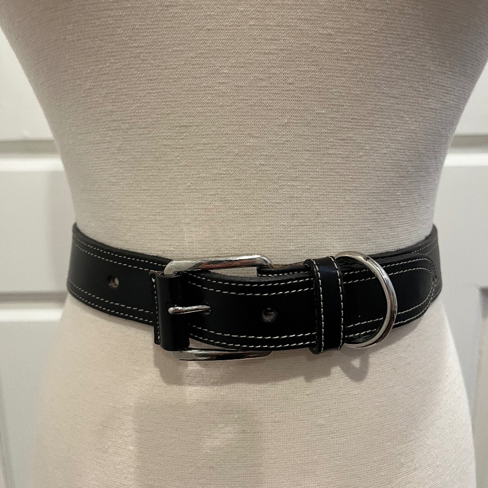 Joan & David Too Belt, Black w/ White Stitching, Silvertone Buckle, S, Vintage